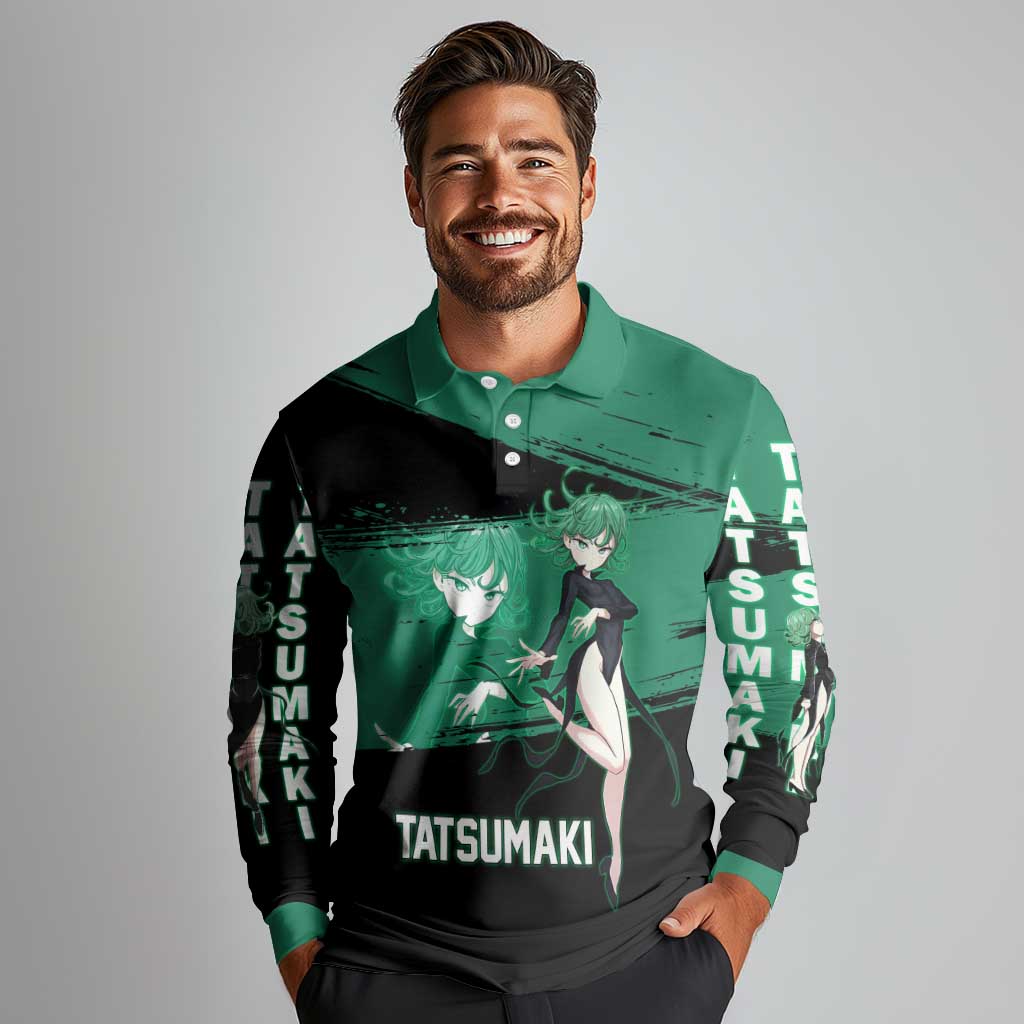 Tatsumaki One Punch Man Anime Green and Black Theme Long Sleeve Polo Shirt with Psychic Power Effects and Bold - The Mazicc