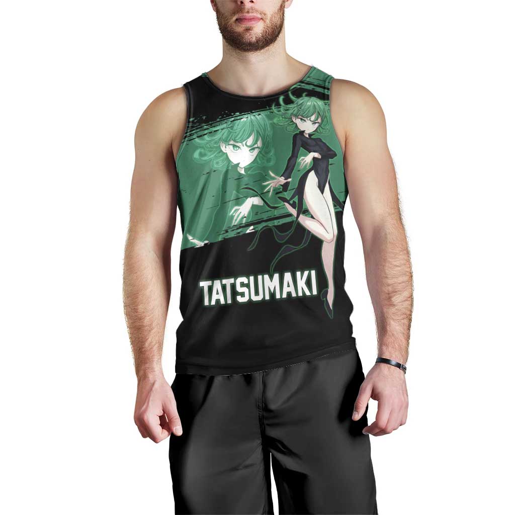 Tatsumaki One Punch Man Anime Green and Black Theme Men Tank Top with Psychic Power Effects and Bold - The Mazicc
