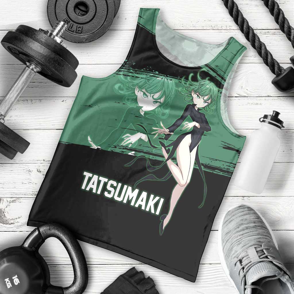 Tatsumaki One Punch Man Anime Green and Black Theme Men Tank Top with Psychic Power Effects and Bold - The Mazicc