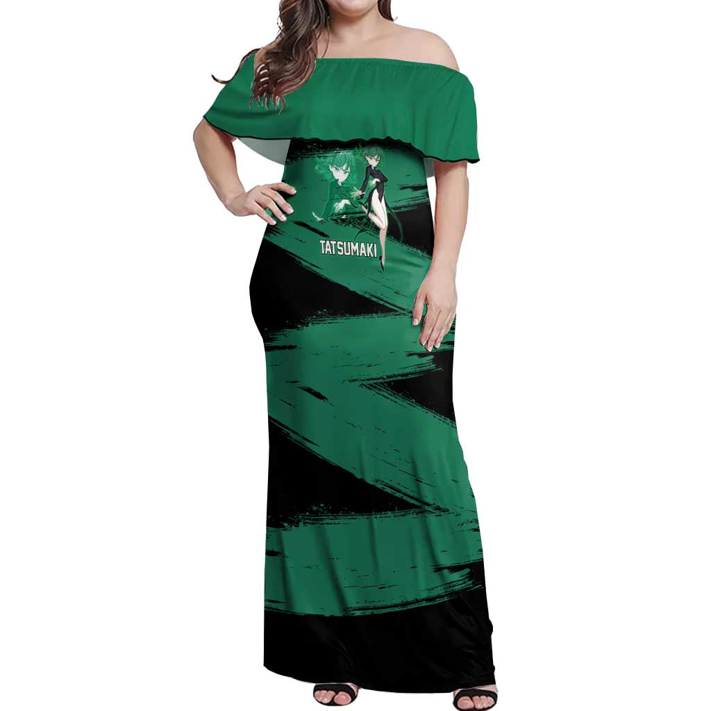 Tatsumaki One Punch Man Anime Green and Black Theme Off Shoulder Maxi Dress with Psychic Power Effects and Bold - The Mazicc
