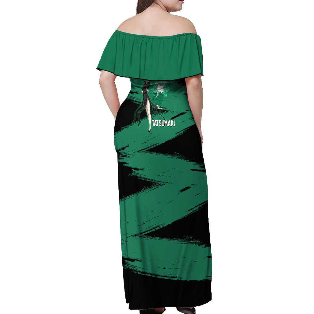 Tatsumaki One Punch Man Anime Green and Black Theme Off Shoulder Maxi Dress with Psychic Power Effects and Bold - The Mazicc