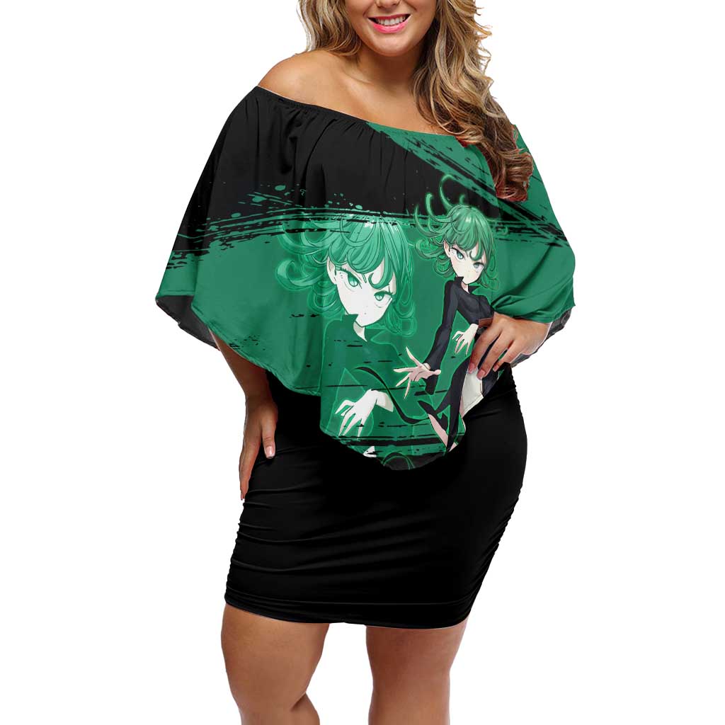 Tatsumaki One Punch Man Anime Green and Black Theme Off Shoulder Short Dress with Psychic Power Effects and Bold - The Mazicc
