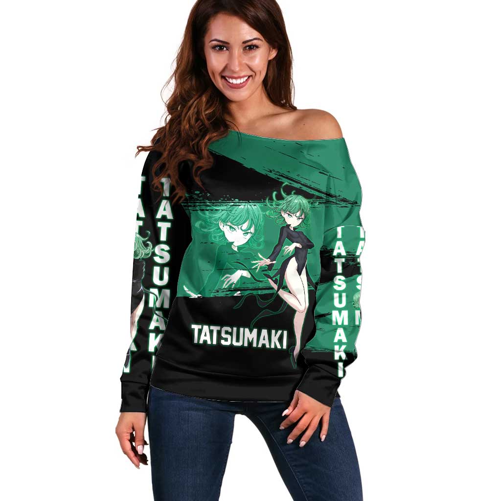 Tatsumaki One Punch Man Anime Green and Black Theme Off Shoulder Sweater with Psychic Power Effects and Bold - The Mazicc