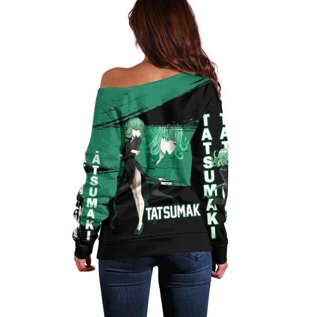 Tatsumaki One Punch Man Anime Green and Black Theme Off Shoulder Sweater with Psychic Power Effects and Bold - The Mazicc