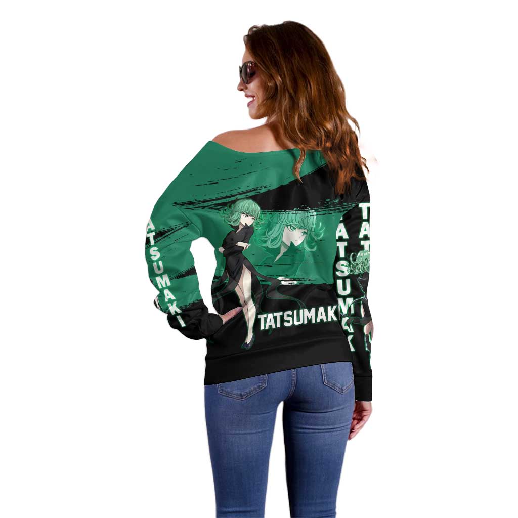 Tatsumaki One Punch Man Anime Green and Black Theme Off Shoulder Sweater with Psychic Power Effects and Bold - The Mazicc