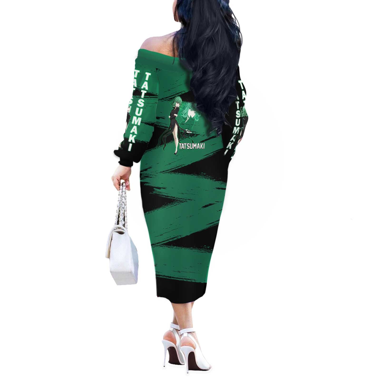 Tatsumaki One Punch Man Anime Green and Black Theme Off The Shoulder Long Sleeve Dress with Psychic Power Effects and Bold - The Mazicc