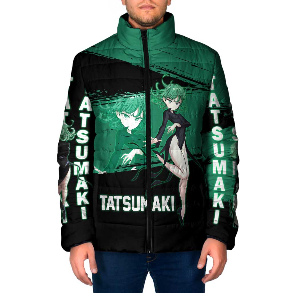 Tatsumaki One Punch Man Anime Green and Black Theme Padded Jacket with Psychic Power Effects and Bold - The Mazicc