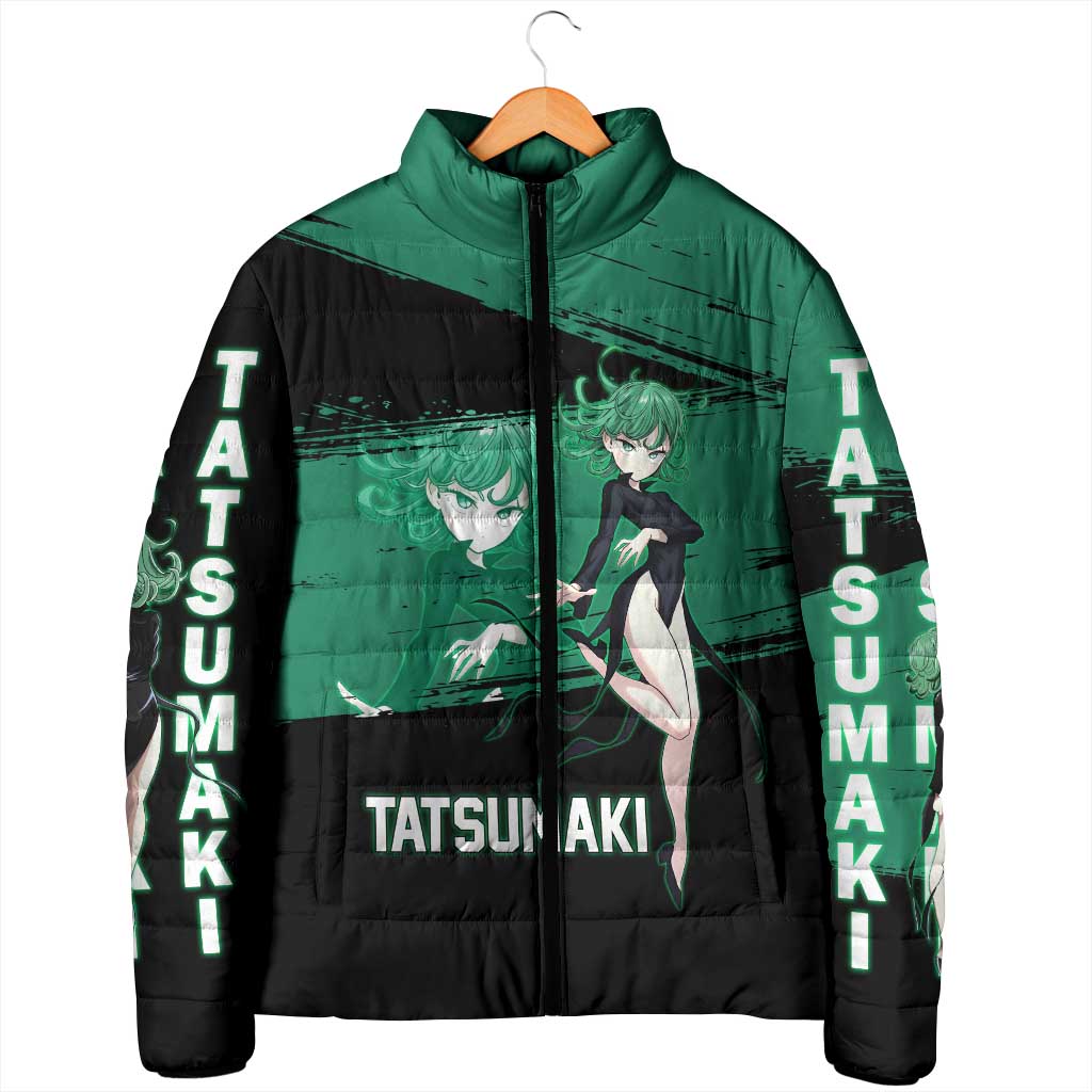 Tatsumaki One Punch Man Anime Green and Black Theme Padded Jacket with Psychic Power Effects and Bold - The Mazicc