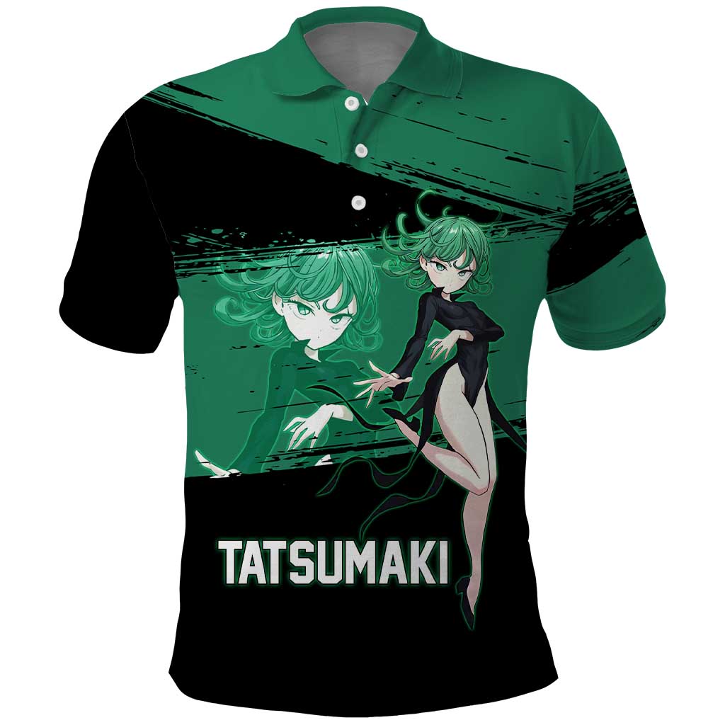 Tatsumaki One Punch Man Anime Green and Black Theme Polo Shirt with Psychic Power Effects and Bold - The Mazicc
