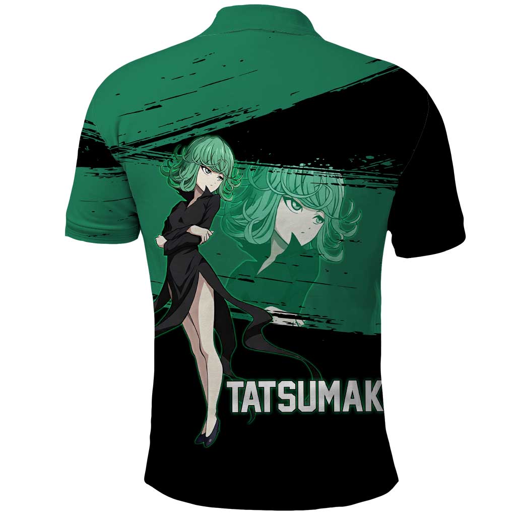 Tatsumaki One Punch Man Anime Green and Black Theme Polo Shirt with Psychic Power Effects and Bold - The Mazicc
