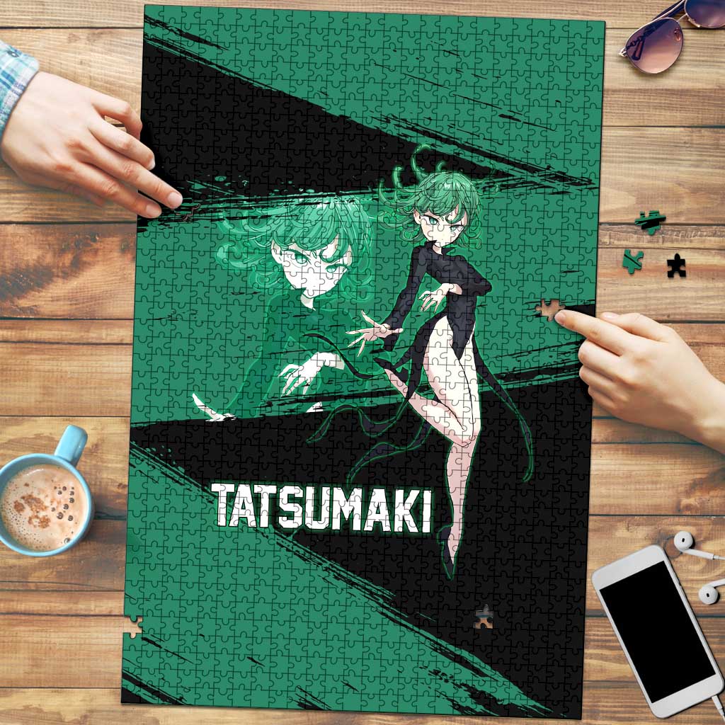 Tatsumaki One Punch Man Anime Green and Black Theme Puzzle with Psychic Power Effects and Bold - The Mazicc