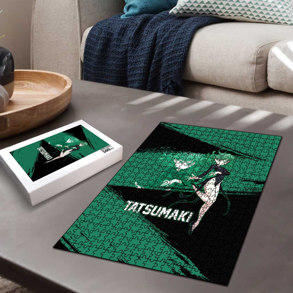 Tatsumaki One Punch Man Anime Green and Black Theme Puzzle with Psychic Power Effects and Bold - The Mazicc