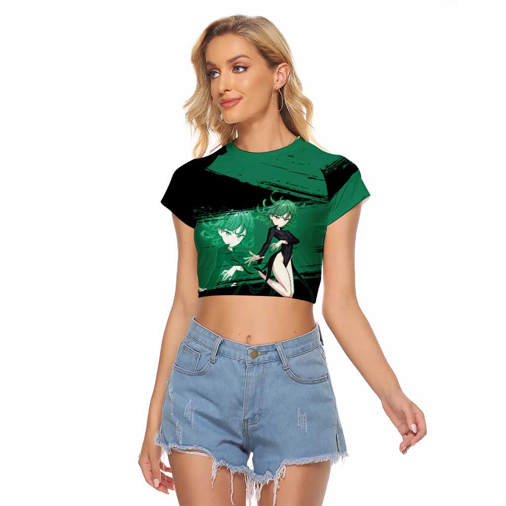 Tatsumaki One Punch Man Anime Green and Black Theme Raglan Cropped T Shirt with Psychic Power Effects and Bold - The Mazicc