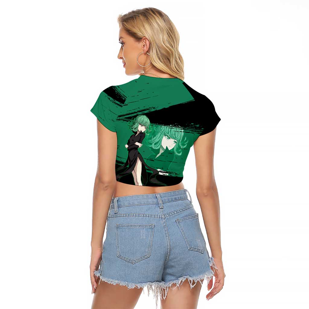 Tatsumaki One Punch Man Anime Green and Black Theme Raglan Cropped T Shirt with Psychic Power Effects and Bold - The Mazicc