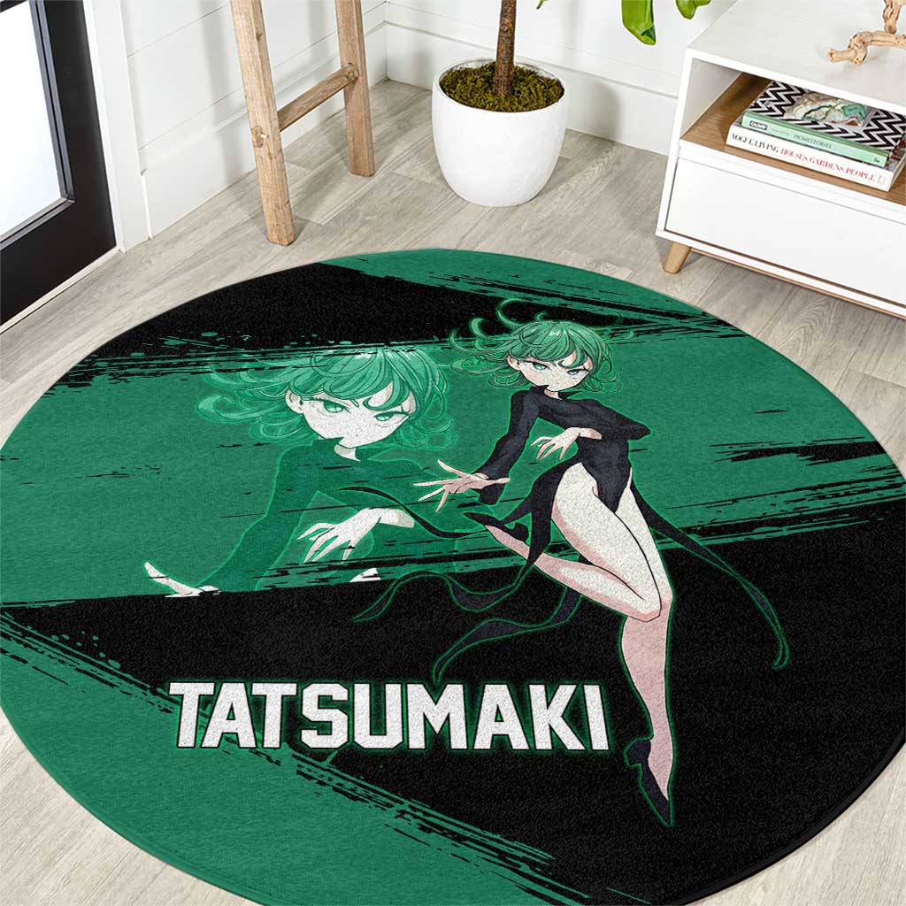 Tatsumaki One Punch Man Anime Green and Black Theme Round Carpet with Psychic Power Effects and Bold - The Mazicc