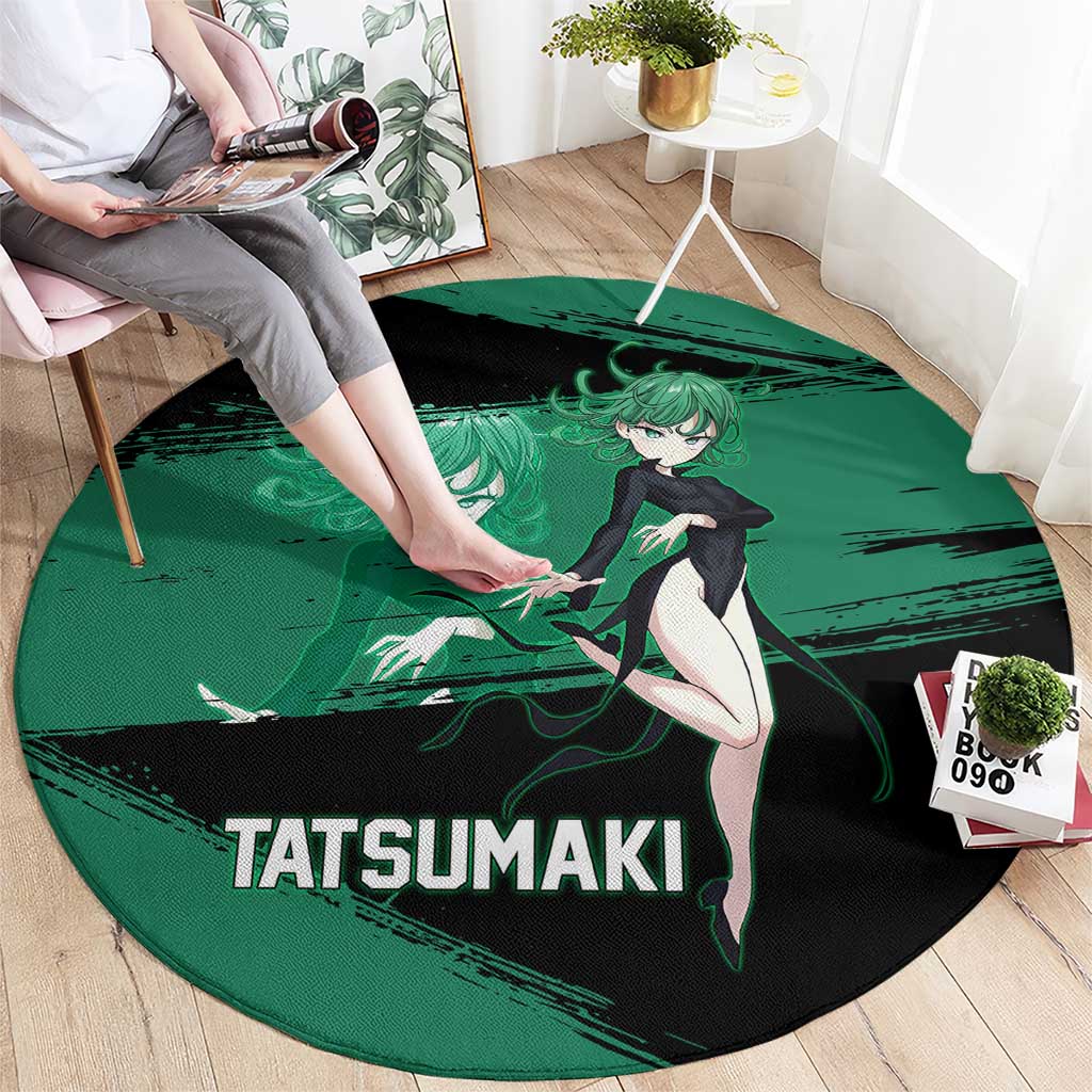 Tatsumaki One Punch Man Anime Green and Black Theme Round Carpet with Psychic Power Effects and Bold - The Mazicc