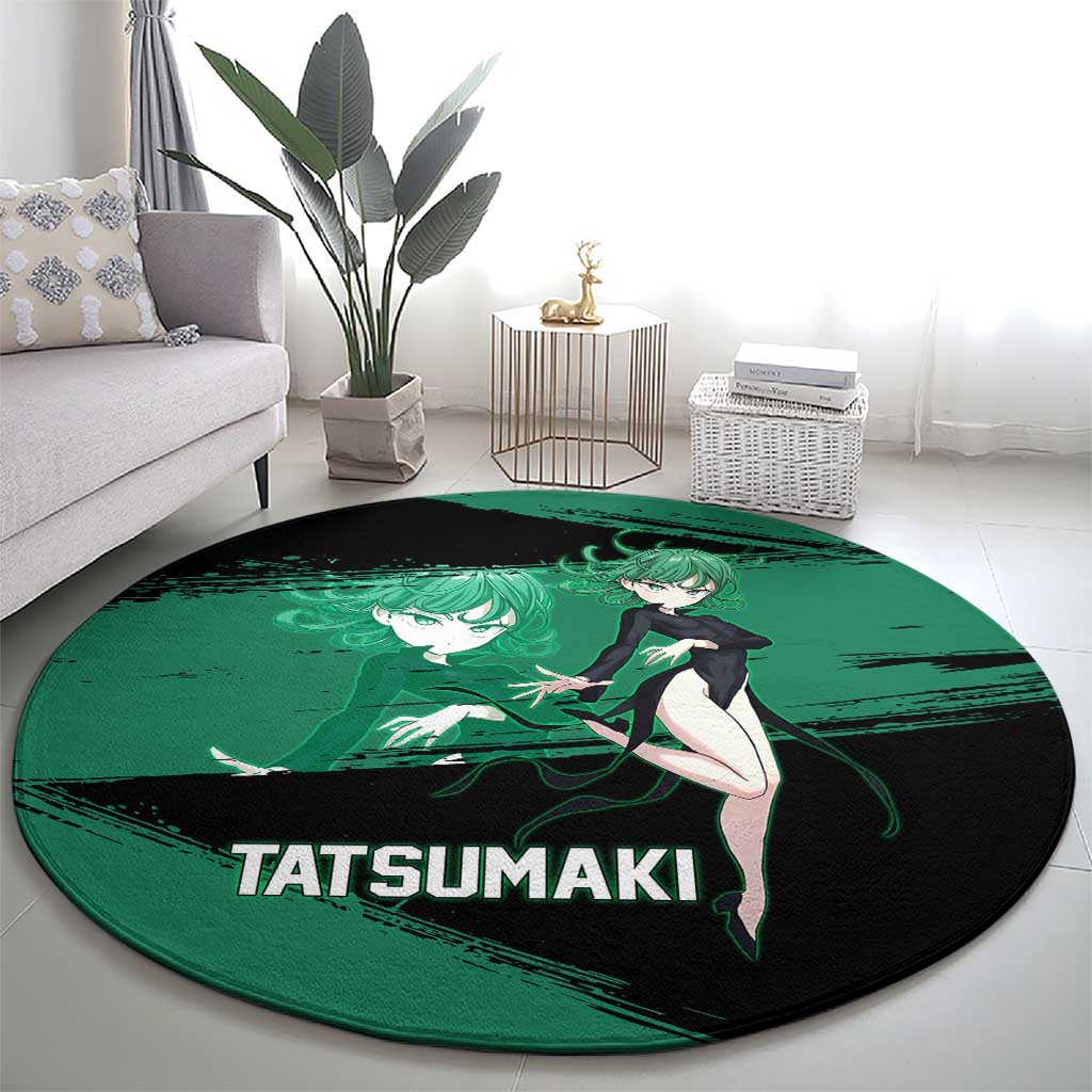 Tatsumaki One Punch Man Anime Green and Black Theme Round Carpet with Psychic Power Effects and Bold - The Mazicc