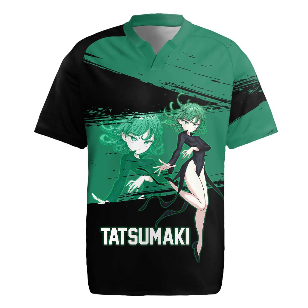 Tatsumaki One Punch Man Anime Green and Black Theme Rugby Jersey with Psychic Power Effects and Bold - The Mazicc