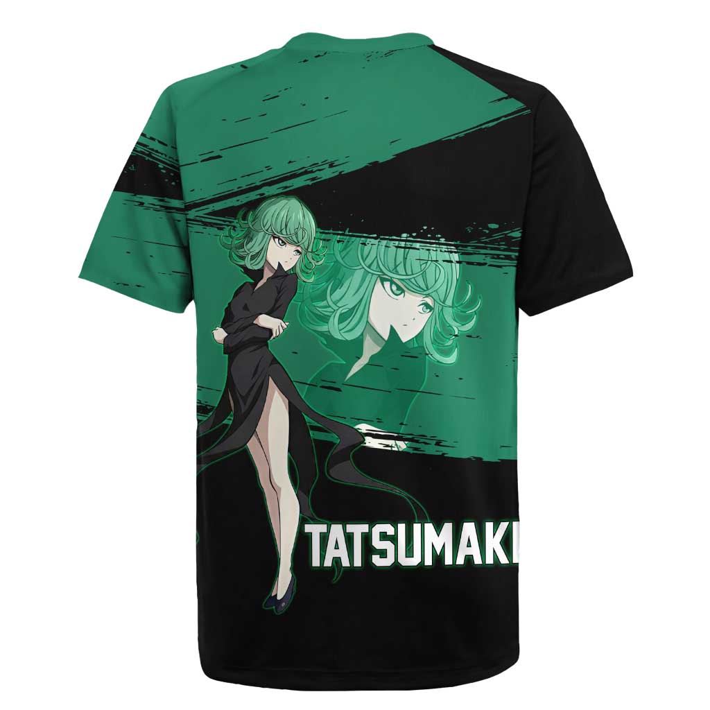 Tatsumaki One Punch Man Anime Green and Black Theme Rugby Jersey with Psychic Power Effects and Bold - The Mazicc