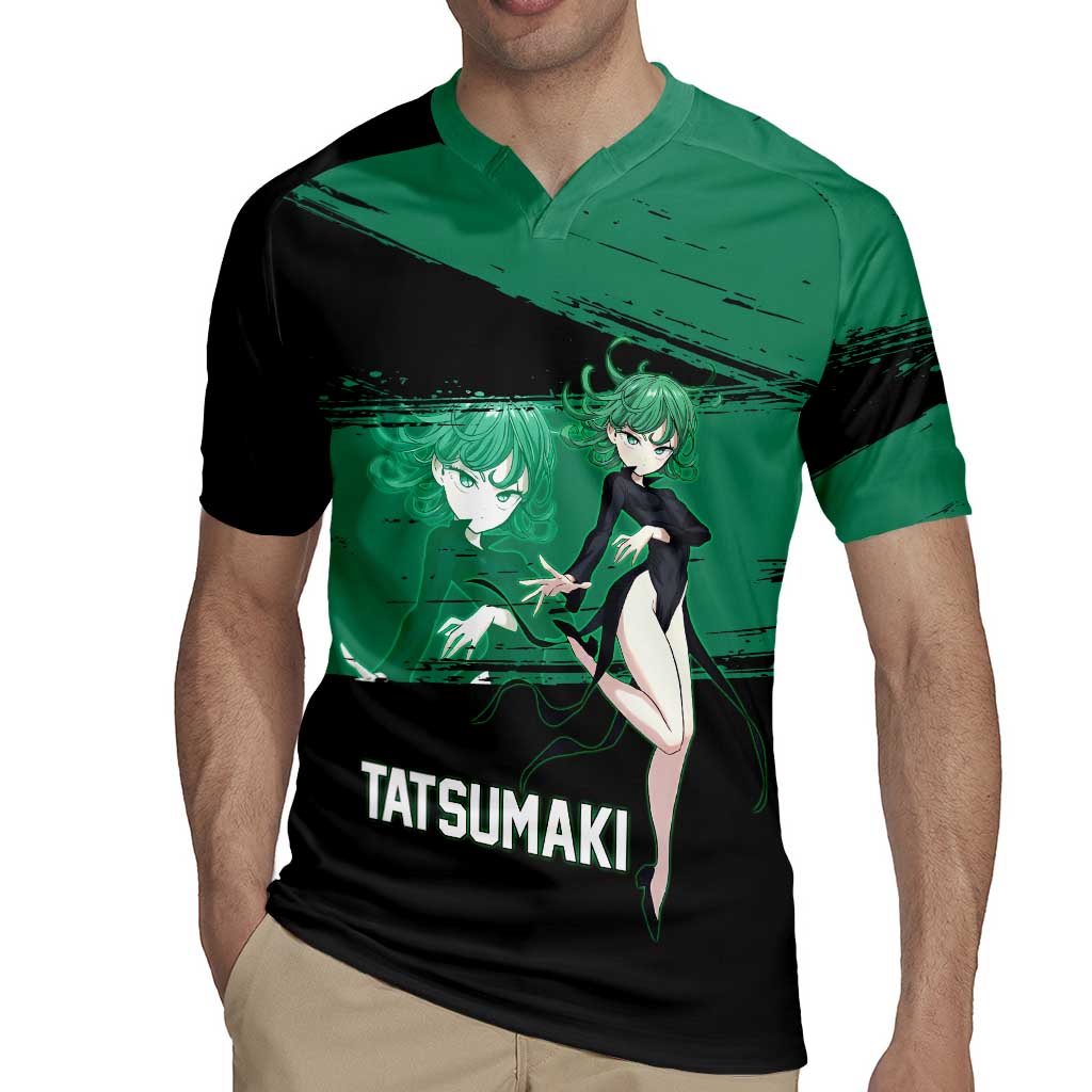 Tatsumaki One Punch Man Anime Green and Black Theme Rugby Jersey with Psychic Power Effects and Bold - The Mazicc