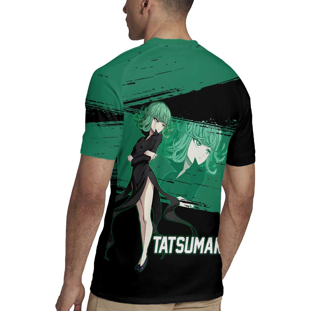 Tatsumaki One Punch Man Anime Green and Black Theme Rugby Jersey with Psychic Power Effects and Bold - The Mazicc
