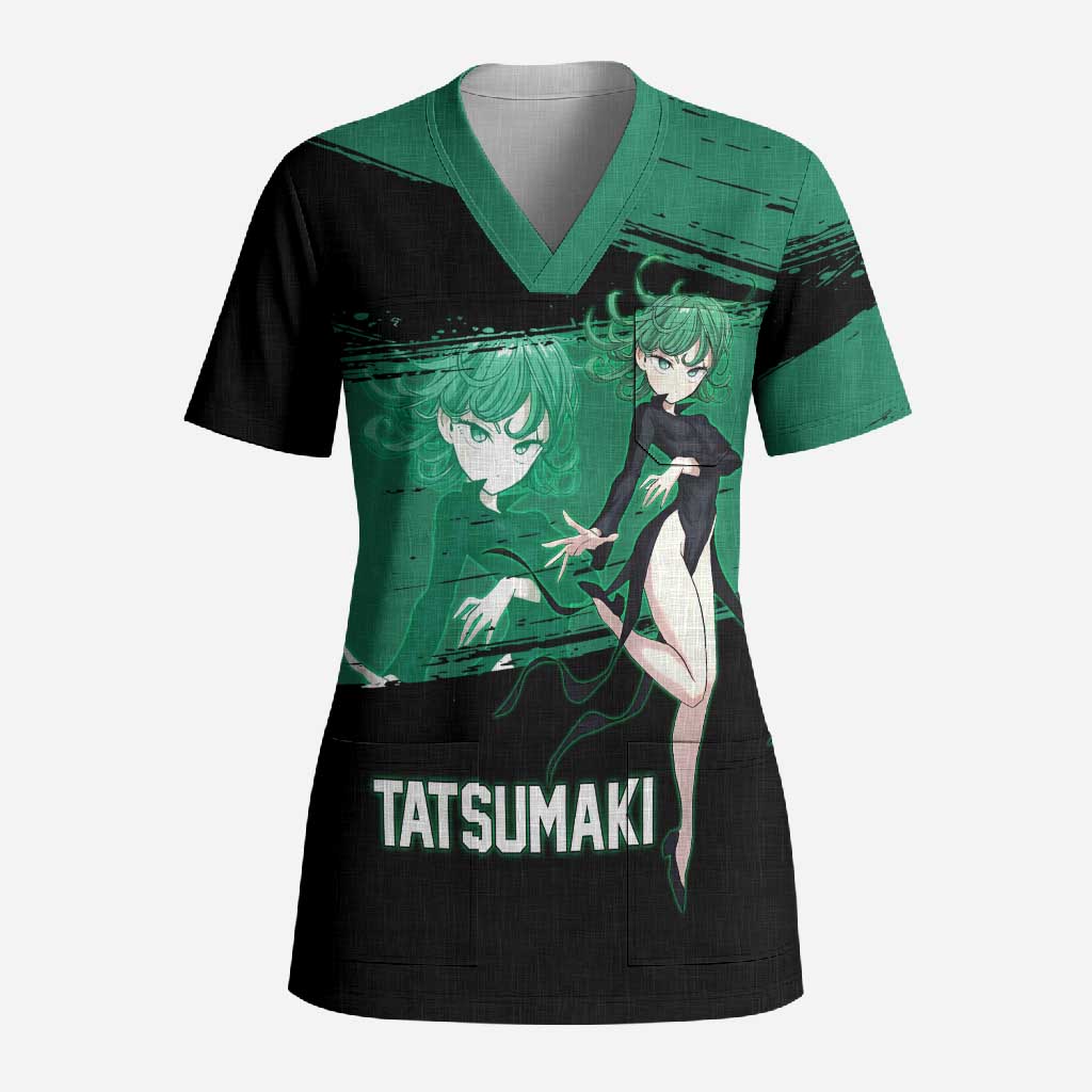 Tatsumaki One Punch Man Anime Green and Black Theme Scrub Top with Psychic Power Effects and Bold - The Mazicc