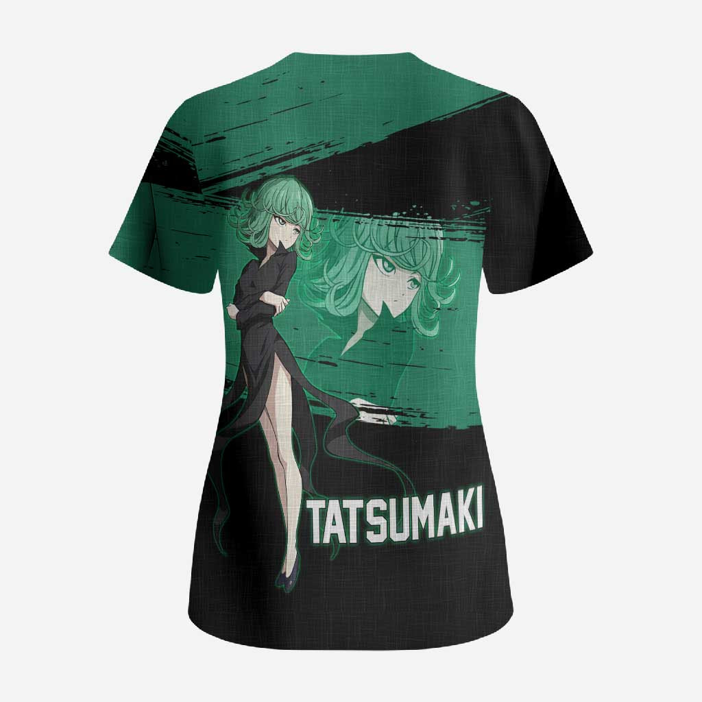 Tatsumaki One Punch Man Anime Green and Black Theme Scrub Top with Psychic Power Effects and Bold - The Mazicc