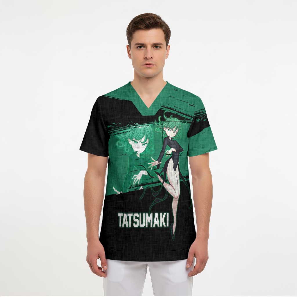 Tatsumaki One Punch Man Anime Green and Black Theme Scrub Top with Psychic Power Effects and Bold - The Mazicc