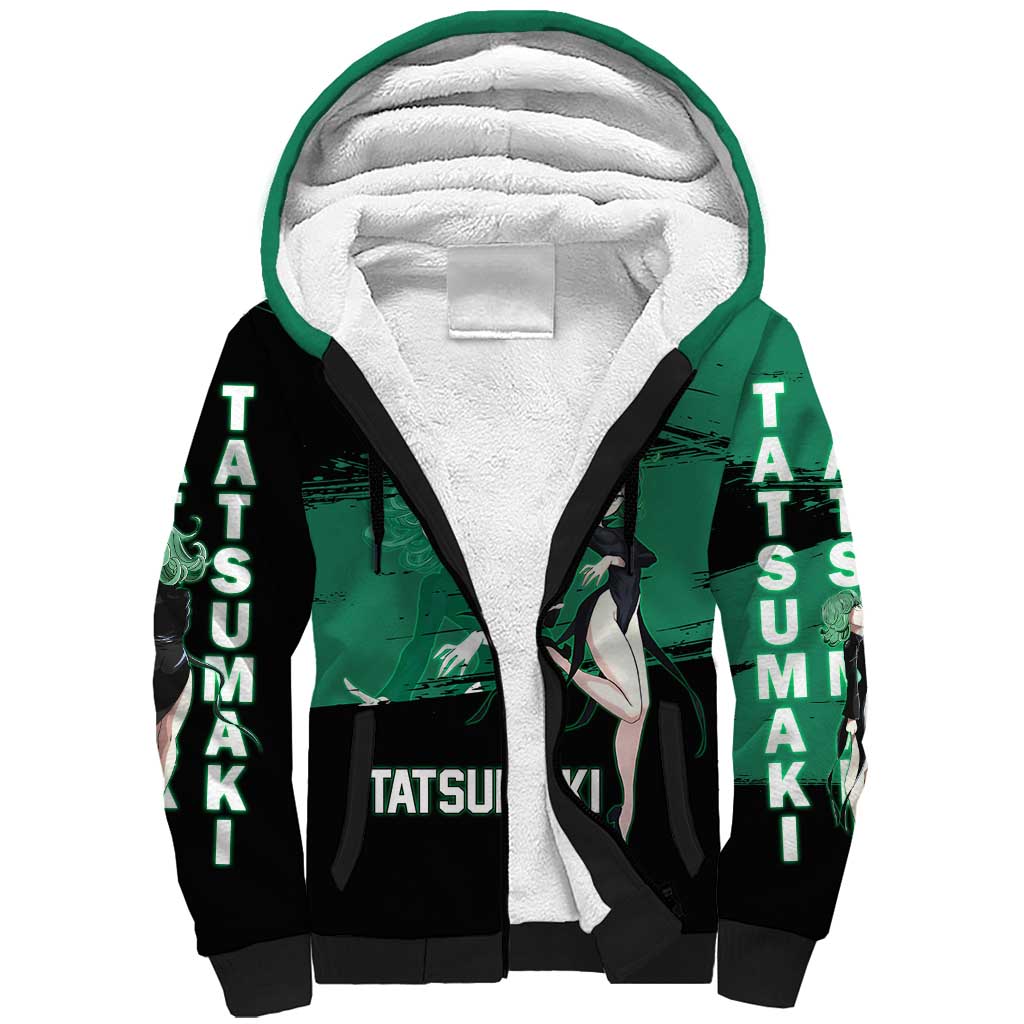 Tatsumaki One Punch Man Anime Green and Black Theme Sherpa Hoodie with Psychic Power Effects and Bold - The Mazicc