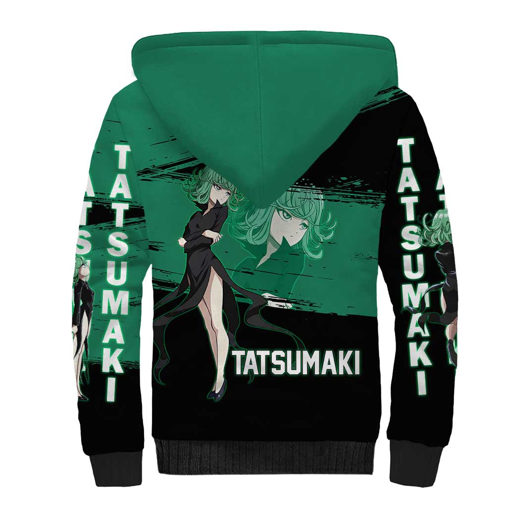 Tatsumaki One Punch Man Anime Green and Black Theme Sherpa Hoodie with Psychic Power Effects and Bold - The Mazicc