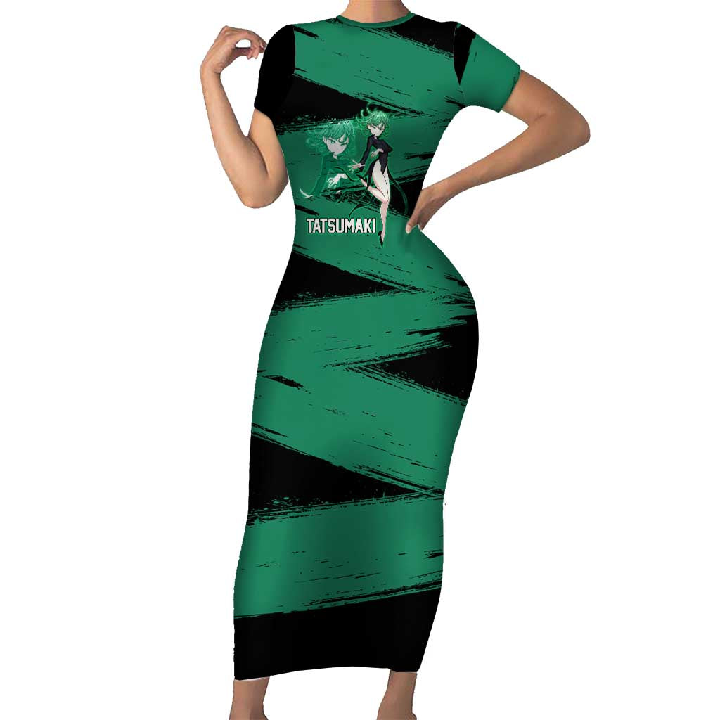 Tatsumaki One Punch Man Anime Green and Black Theme Short Sleeve Bodycon Dress with Psychic Power Effects and Bold - The Mazicc