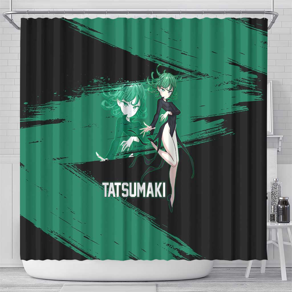 Tatsumaki One Punch Man Anime Green and Black Theme Shower Curtain with Psychic Power Effects and Bold - The Mazicc