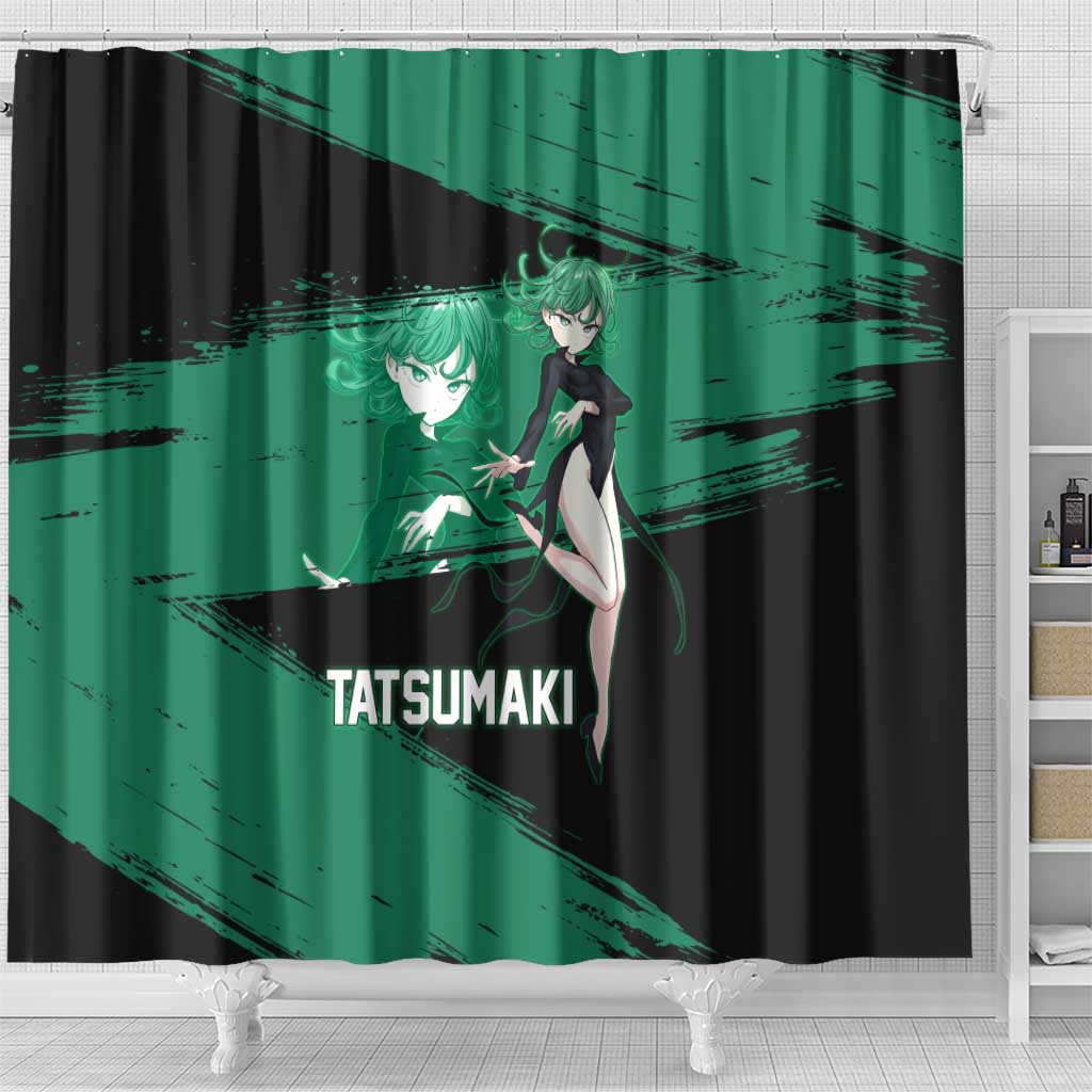 Tatsumaki One Punch Man Anime Green and Black Theme Shower Curtain with Psychic Power Effects and Bold - The Mazicc