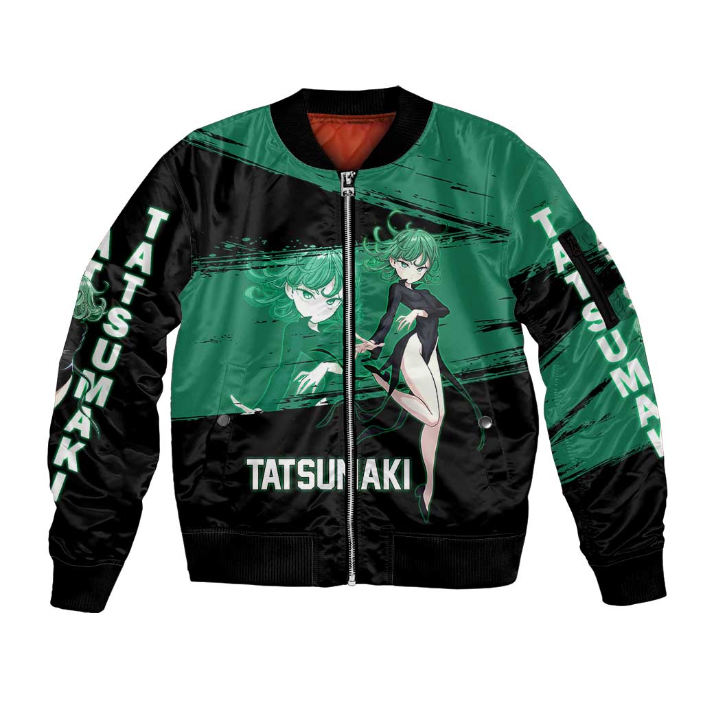Tatsumaki One Punch Man Anime Green and Black Theme Sleeve Zip Bomber Jacket with Psychic Power Effects and Bold - The Mazicc