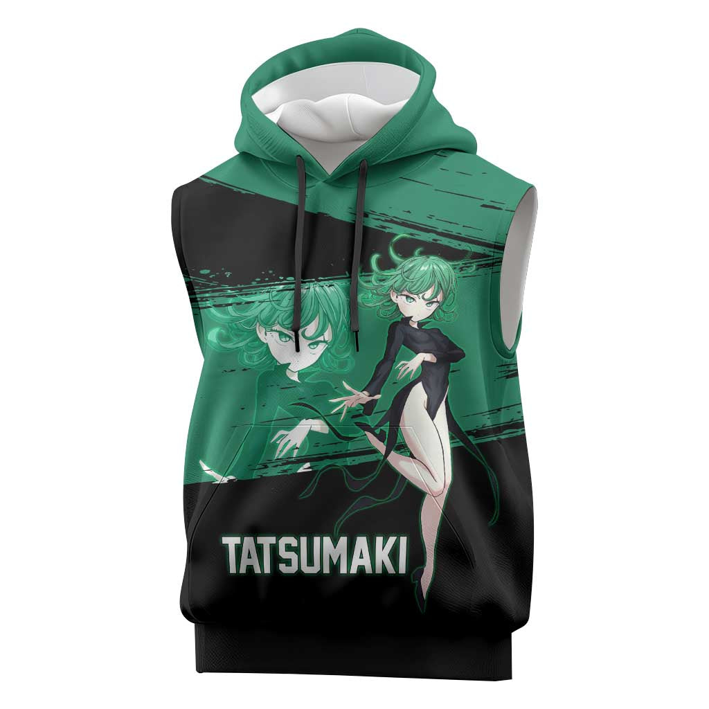 Tatsumaki One Punch Man Anime Green and Black Theme Sleeveless Hoodie with Psychic Power Effects and Bold - The Mazicc