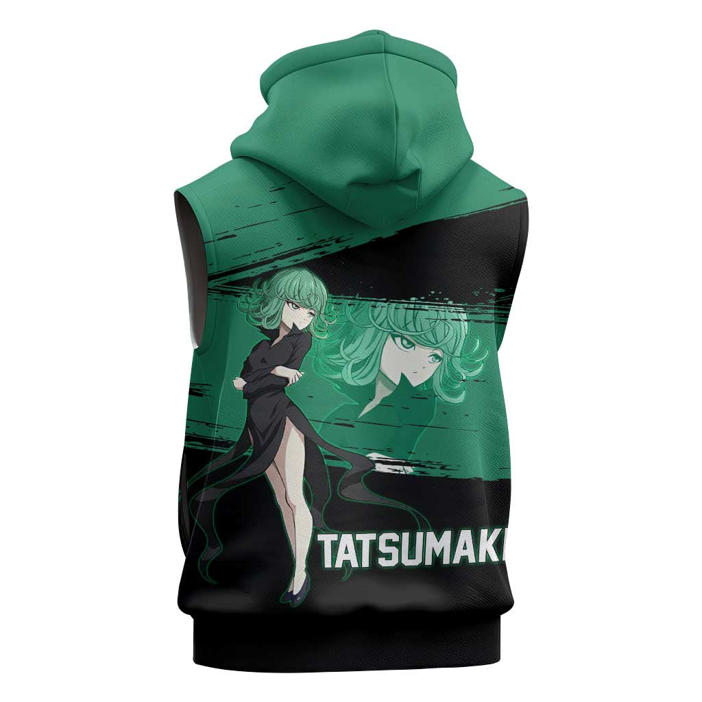 Tatsumaki One Punch Man Anime Green and Black Theme Sleeveless Hoodie with Psychic Power Effects and Bold - The Mazicc