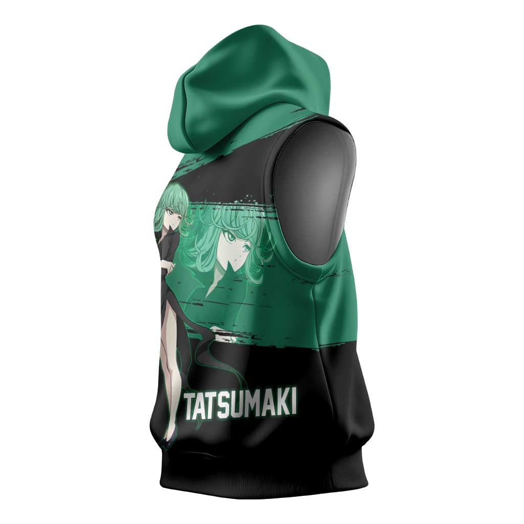Tatsumaki One Punch Man Anime Green and Black Theme Sleeveless Hoodie with Psychic Power Effects and Bold - The Mazicc