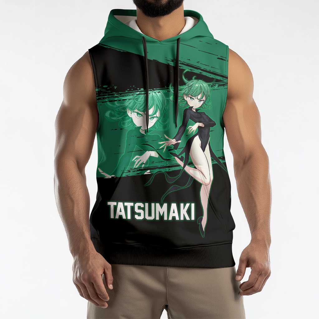 Tatsumaki One Punch Man Anime Green and Black Theme Sleeveless Hoodie with Psychic Power Effects and Bold - The Mazicc