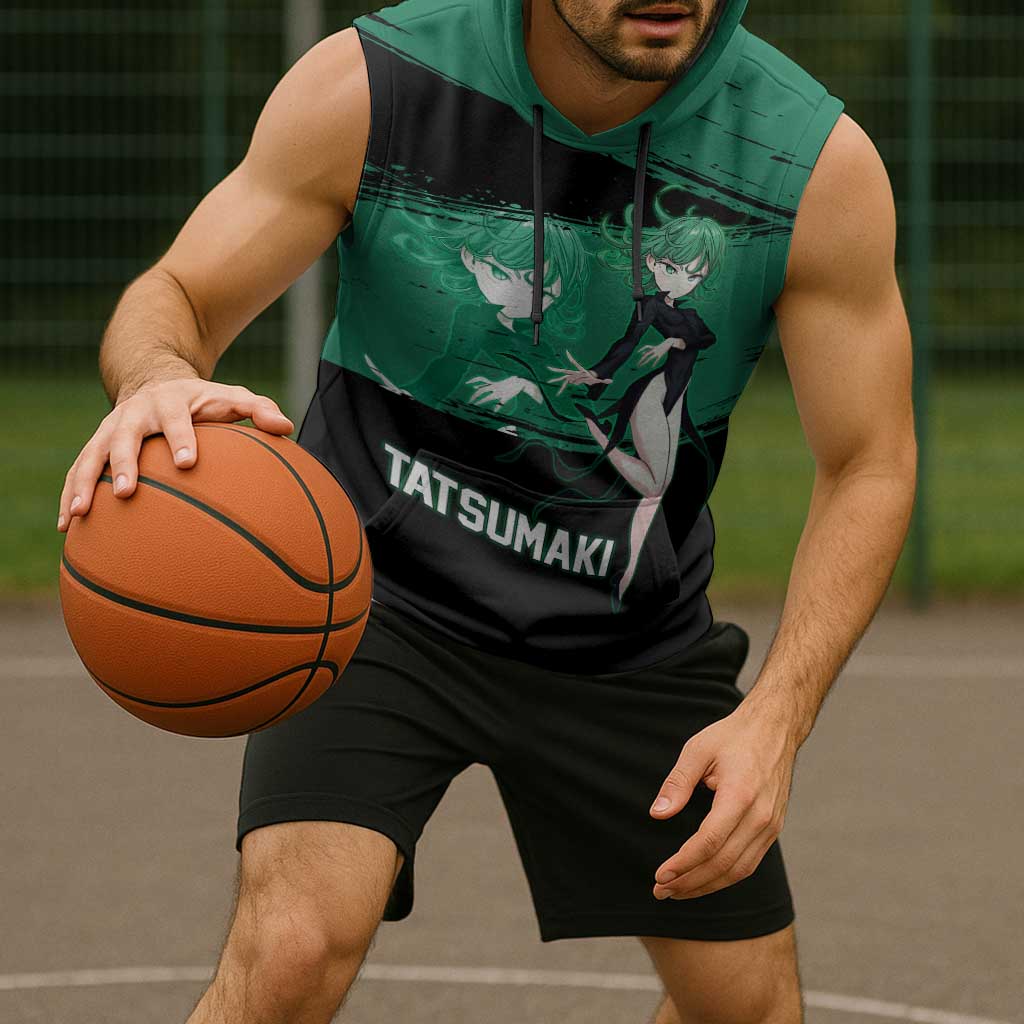 Tatsumaki One Punch Man Anime Green and Black Theme Sleeveless Hoodie with Psychic Power Effects and Bold - The Mazicc