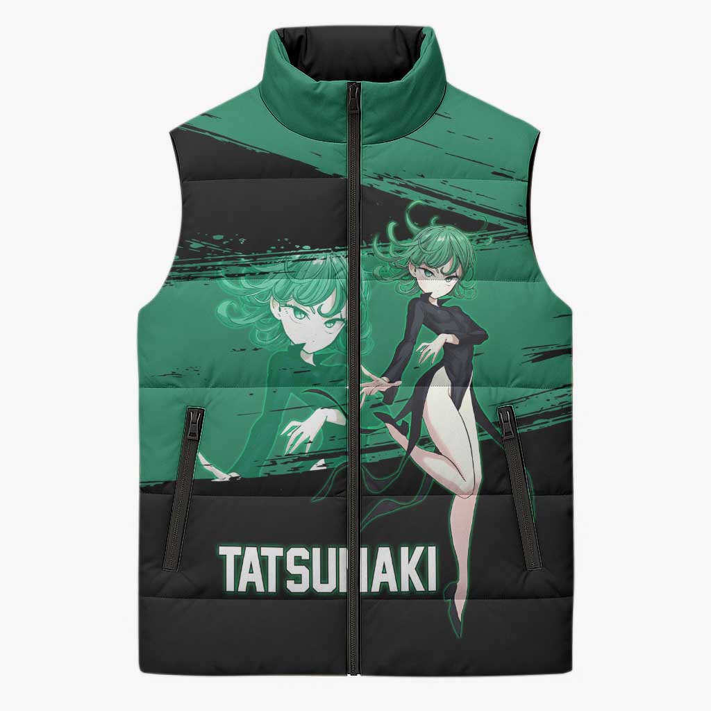 Tatsumaki One Punch Man Anime Green and Black Theme Sleeveless Puffer Jacket with Psychic Power Effects and Bold - The Mazicc