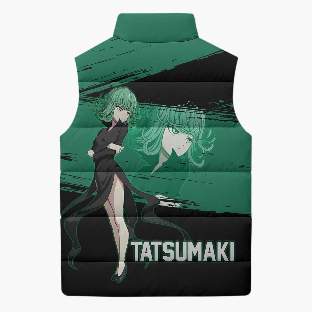 Tatsumaki One Punch Man Anime Green and Black Theme Sleeveless Puffer Jacket with Psychic Power Effects and Bold - The Mazicc