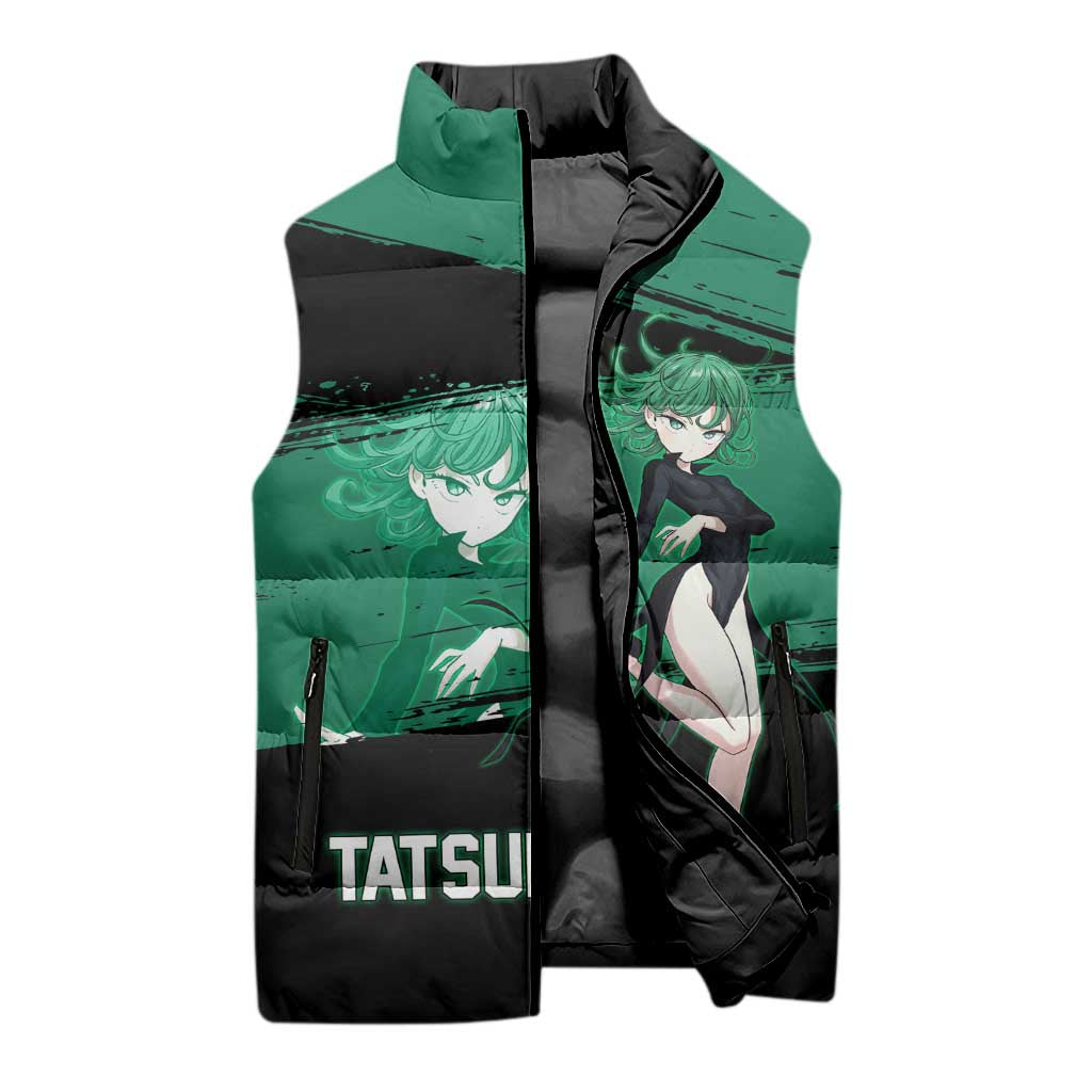 Tatsumaki One Punch Man Anime Green and Black Theme Sleeveless Puffer Jacket with Psychic Power Effects and Bold - The Mazicc