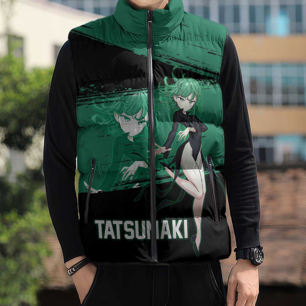 Tatsumaki One Punch Man Anime Green and Black Theme Sleeveless Puffer Jacket with Psychic Power Effects and Bold - The Mazicc