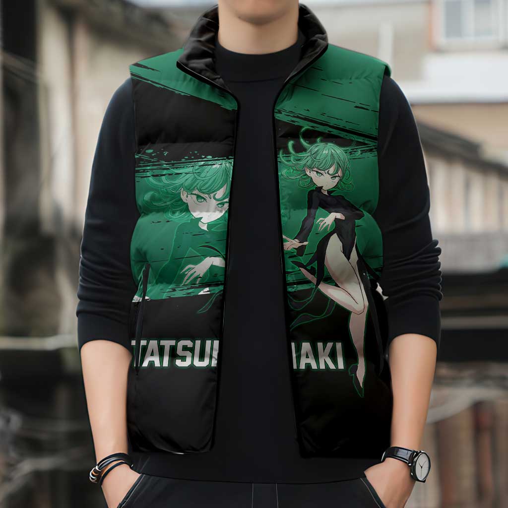 Tatsumaki One Punch Man Anime Green and Black Theme Sleeveless Puffer Jacket with Psychic Power Effects and Bold - The Mazicc