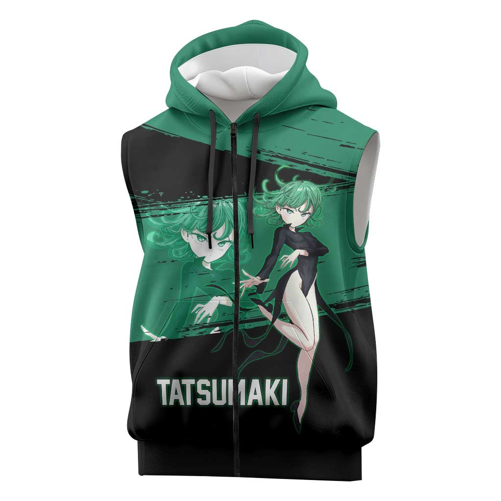 Tatsumaki One Punch Man Anime Green and Black Theme Sleeveless Zip Hoodie with Psychic Power Effects and Bold - The Mazicc