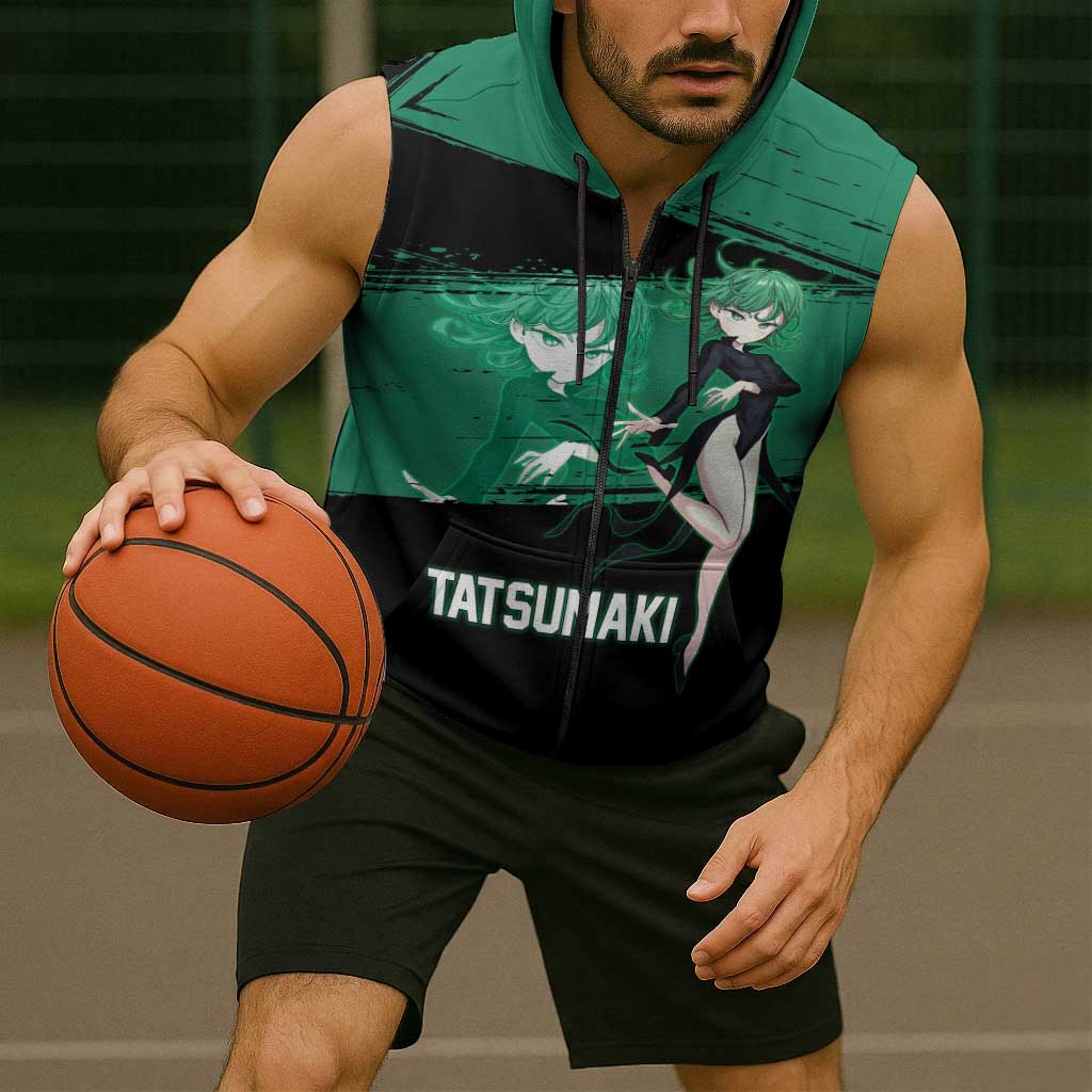 Tatsumaki One Punch Man Anime Green and Black Theme Sleeveless Zip Hoodie with Psychic Power Effects and Bold - The Mazicc