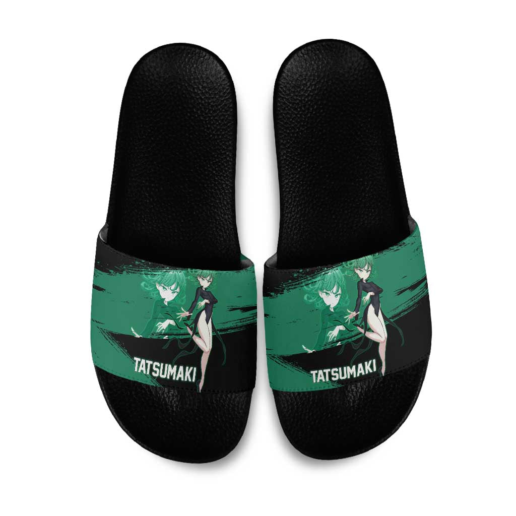 Tatsumaki One Punch Man Anime Green and Black Theme Slide Sandals with Psychic Power Effects and Bold - The Mazicc