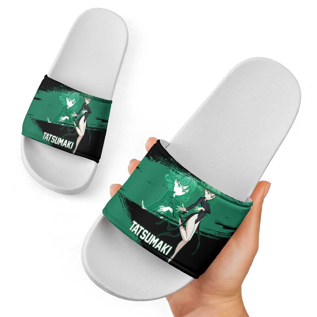 Tatsumaki One Punch Man Anime Green and Black Theme Slide Sandals with Psychic Power Effects and Bold - The Mazicc