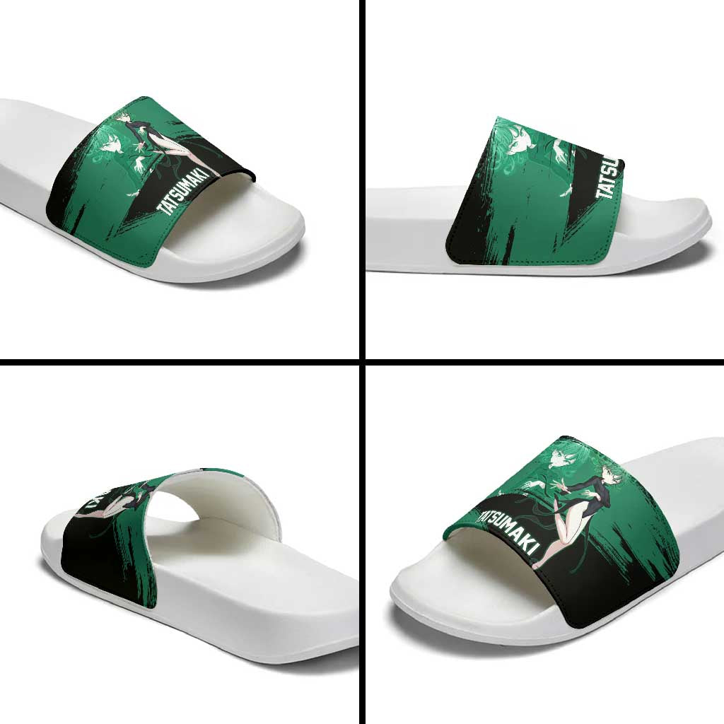 Tatsumaki One Punch Man Anime Green and Black Theme Slide Sandals with Psychic Power Effects and Bold - The Mazicc