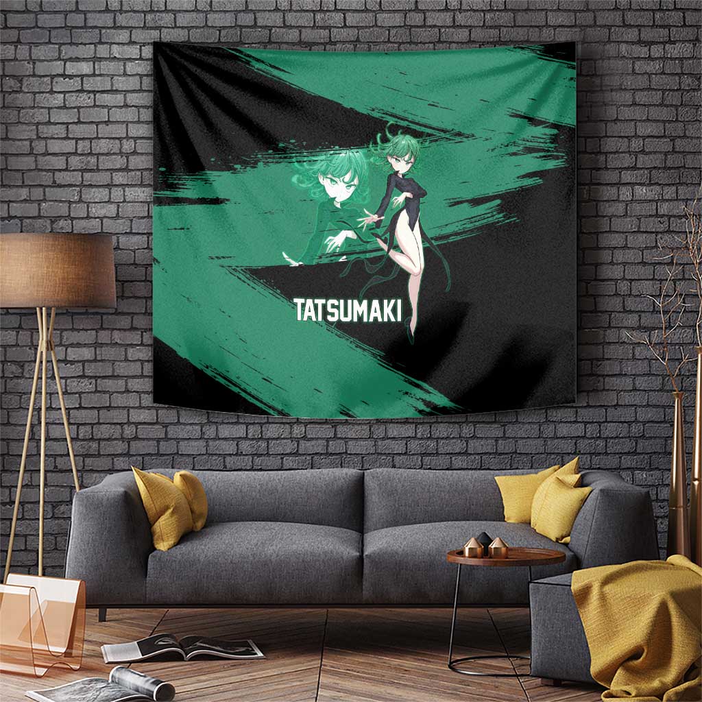 Tatsumaki One Punch Man Anime Green and Black Theme Tapestry with Psychic Power Effects and Bold - The Mazicc